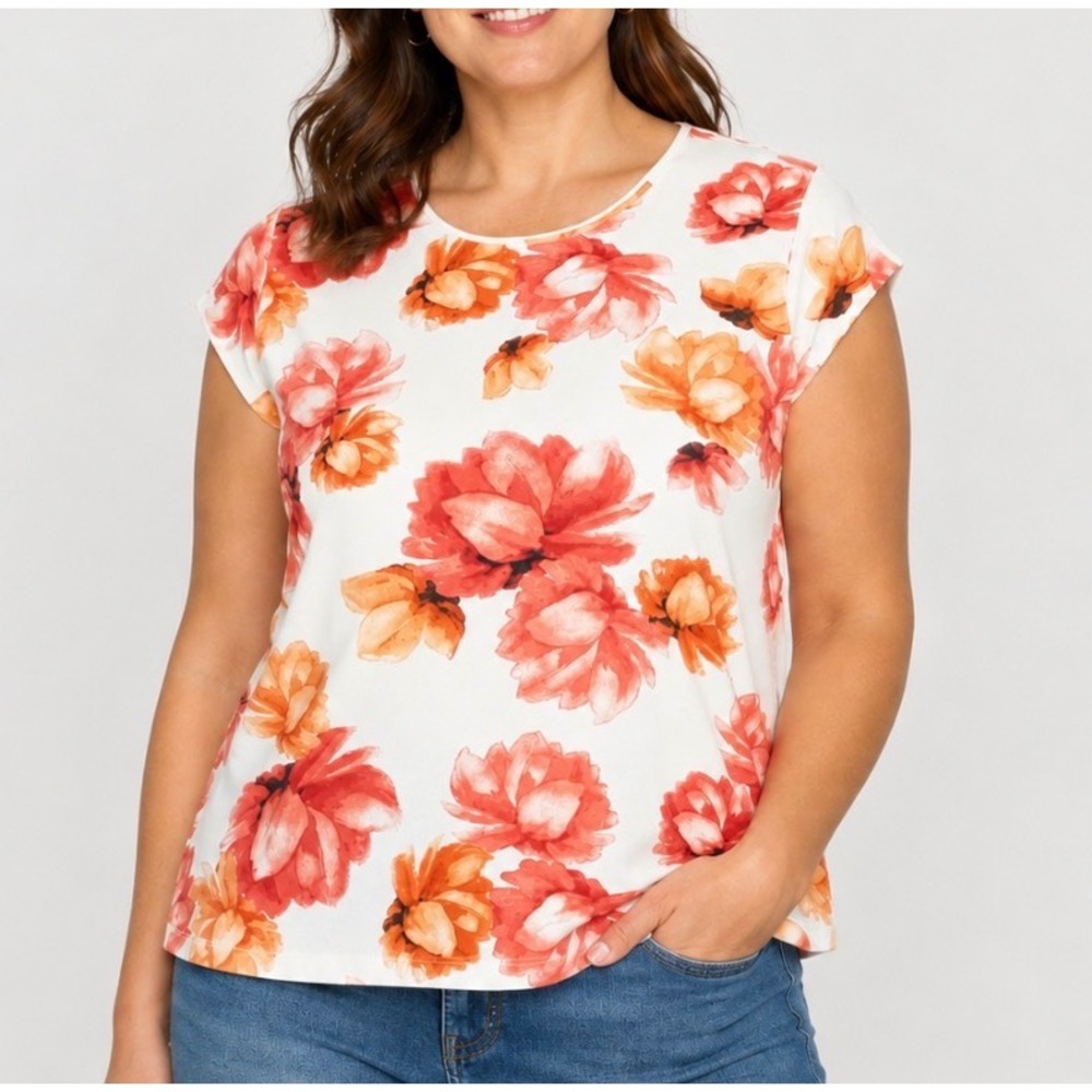 Croft & Barrow Womens Classic Floral Tee Shirt 4X Cotton Crew Neck Top Casual